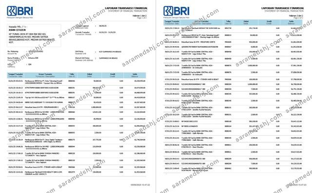 Indonesia Bank Rakyat Indonesia (BRI) statement of financial transaction Word and PDF template, 2 pages
